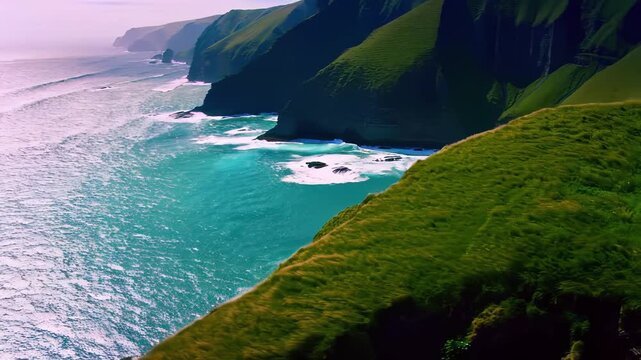 serene seaside scene, gentle evening coastal landscape exploration, calm twilight seaside with colorful coves and hills, tranquil dusk seaside vista featuring turquoise coves and distant