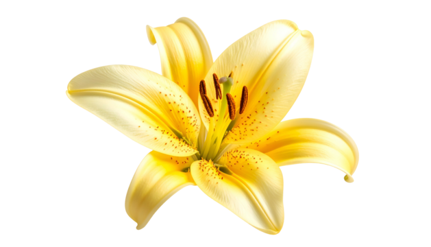 A vibrant, close-up view of a yellow lily flower with orange-speckled petals