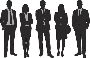 Business team silhouette vector, professional corporate attire, confident pose icons, formal suit illustration, editable office people design set