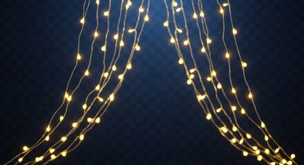 Twinkling warm lights hang delicately in strands against a dark background, casting a soft glow...