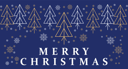 Minimalist line art christmas trees and snowflakes dark blue background Vector