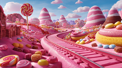 Whimsical pink candy pathway in a dreamy confectionery landscape full of lollipops, ice cream, and treats, evoking childlike wonder and fantasy vibes