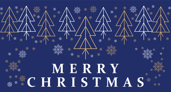 Minimalist line art christmas trees and snowflakes dark blue background Vector