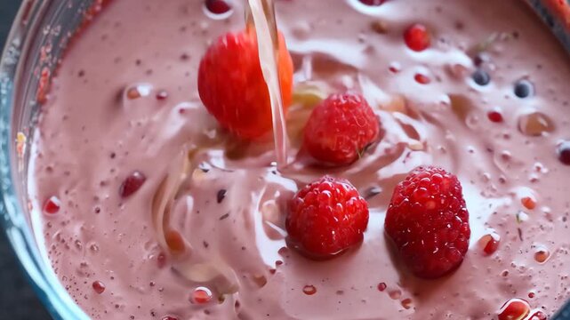 overhead bowl mixing creamy raspberry smoothie, milk stream creates whirlpool around fresh raspberries and seeds, frothy texture and inviting kitchen mood for homemade breakfast content