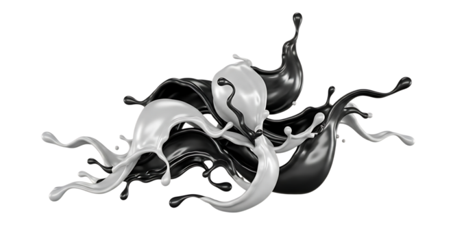 Black and white paint splash isolated on transparent background, creating a dynamic and abstract composition of contrasting colors and textures