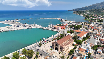 Obraz premium Aerial drone photo of iconic Saint Dionysios Zakynthos Holy Orthodox Church in main town of Zakinthos island, Ionian, Greece