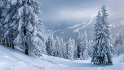 Fototapeta premium Snowcovered pine trees on a mountain slope under a cloudy sky, creating a serene winter landscape