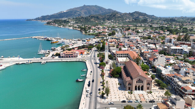 Aerial drone photo of iconic Saint Dionysios Zakynthos Holy Orthodox Church in main town of Zakinthos island, Ionian, Greece