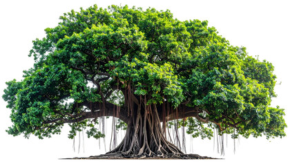 Majestic banyan tree with dense green foliage and aerial roots cascading from its branches