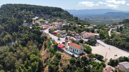 Obraz premium Aerial drone photo from famous scenic view of uphill Bohali to main town and square of Dionisios Solomos, Zakinthos island, Ionian, Greece