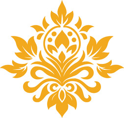 Golden ornamental floral vector, symmetrical botanical motif, decorative emblem with leaves and curls, editable traditional design element for art and decor
