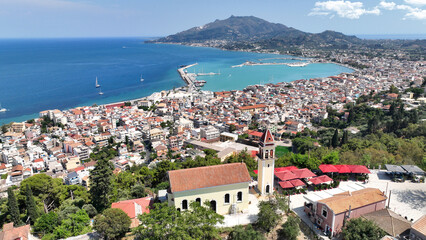 Aerial drone photo from famous scenic view of uphill Bohali to main town and square of Dionisios...
