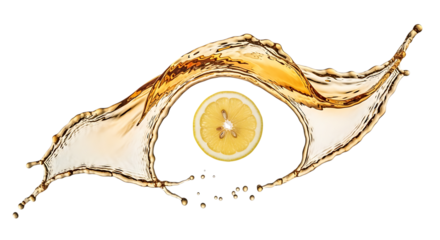 Refreshing lemon slice in a splash of liquid isolated on transparent background, capturing the essence of citrus and creating a vibrant, invigorating image