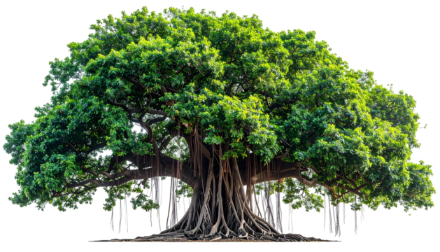 Majestic banyan tree with dense green foliage and aerial roots cascading from its branches