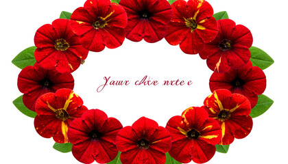 A vibrant, circular floral arrangement with deep red and yellow flowers and green leaves