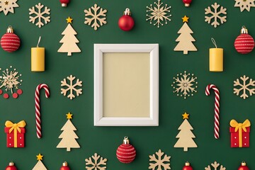 Festive christmas collection flat lay with ornaments gifts and photo frame