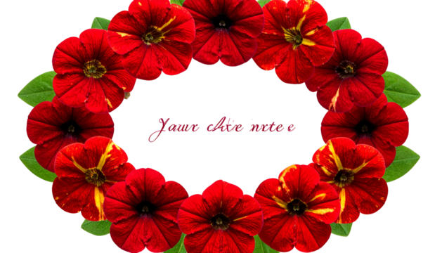 A vibrant, circular floral arrangement with deep red and yellow flowers and green leaves