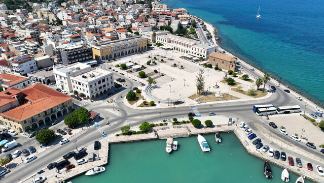 Aerial drone photo of iconic picturesque main town of Zakithnos island featuring Dionisio's Solomos square, Ionian, Greece