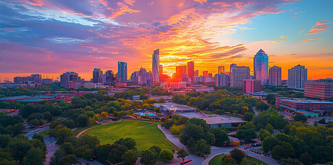Breathtaking drone panorama of Charlotte North Carolina downtown featuring iconic skyscrapers, elegant glass architecture, and busy metropolitan streets below