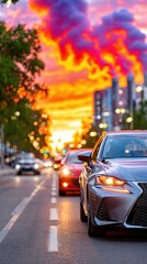Several cars are driving on a city street. The sunset is casting a vibrant orange and purple glow on the sky and nearby buildings at dusk