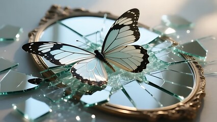 A mirror broken in such a way that its pieces form the shape of butterfly wings , transformation from self destruction to beauty.