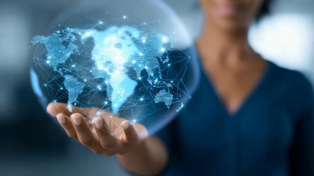 A woman holds a holographic map of the world in her hand, representing digital transformation and worldwide networking. The image conveys concepts of globalization, data, and modern business solutions - Powered by Adobe