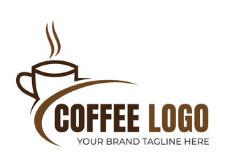 Coffee cup logo with steam and text hot drink