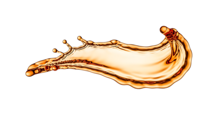 Golden liquid splash in midair, resembling a wave of honey or beer, isolated on transparent background for versatile design applications