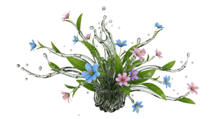 A whimsical arrangement of flowers and water splashes, creating a refreshing and natural composition isolated on transparent background