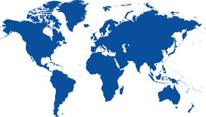 Fototapeta premium Blue vector illustration of the planet's world map displaying continents like North America, South America, Europe, Asia, and Australia on a white background, perfect for global business or travel des