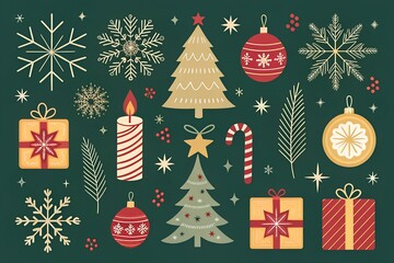 Festive christmas elements collection with ornaments gifts snowflakes and trees