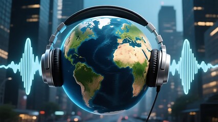 Planet Earth wearing studio headphones , symbol of nature listening and noise pollution awareness.