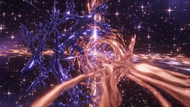 Mesmerizing Cosmic Energy Vortex Swirling Purple and Gold Nebula Forms a Galactic Portal in Deep Starry Space Abstract Celestial Body Transformation