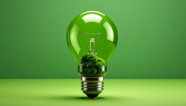 A green lightbulb with foliage inside, on a matching green backdrop