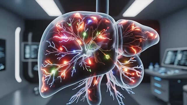 Futuristic 3D human liver model with glowing internal vascular and neural networks Advanced scientific visualization for medical research diagnostics and health