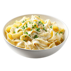 A white bowl filled with delicious ribbon pasta smothered in a creamy white sauce and garnished with fresh green herbs and black pepper
