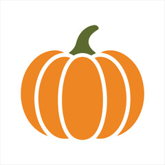 Simple graphic illustration of a bright orange pumpkin with white lines and a green stem on a white background