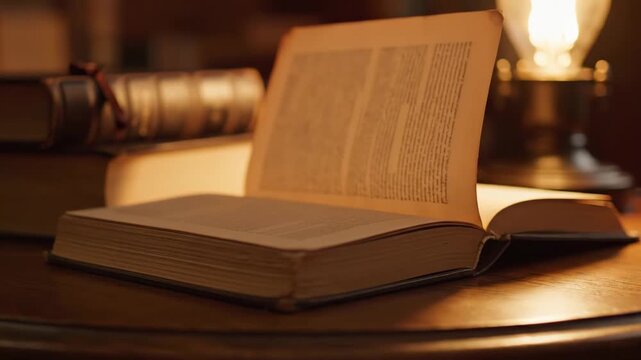 Warm lamplight over vintage books; a single page lifts and turns by itself. Cozy study mood, blank spines, loop-ready clip, shallow DOF, generative AI