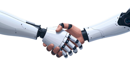 Human and robotic hands clasp in a handshake, conveying alliance and cooperation