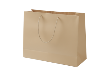Minimalist beige paper shopping bag with twisted handles on transparent background