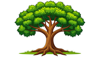 A vibrant cartoon tree with lush green foliage and a brown trunk, grass at its base