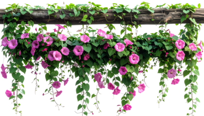 Vibrant pink morning glories cascade down from a weathered wooden beam with lush green foliage