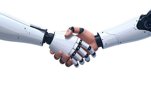 Human and robotic hands clasp in a handshake, conveying alliance and cooperation
