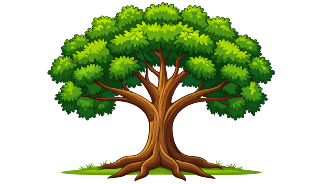 A vibrant cartoon tree with lush green foliage and a brown trunk, grass at its base