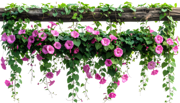 Vibrant pink morning glories cascade down from a weathered wooden beam with lush green foliage
