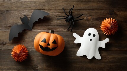 halloween decorations on rustic wooden background