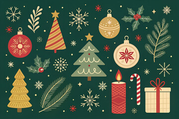 Festive christmas holiday collection with ornaments trees snowflakes candles and gifts