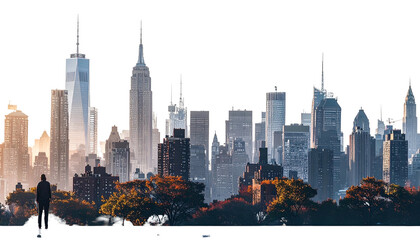 A silhouetted person gazes at a panoramic cityscape of towering skyscrapers