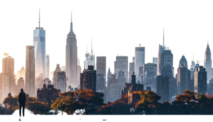 A silhouetted person gazes at a panoramic cityscape of towering skyscrapers