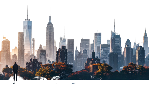 A silhouetted person gazes at a panoramic cityscape of towering skyscrapers